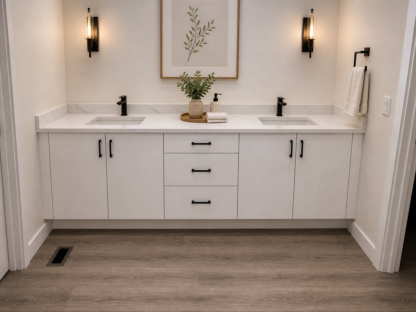 white double sink bathroom vanity Edmonton custom cabinet supply installation