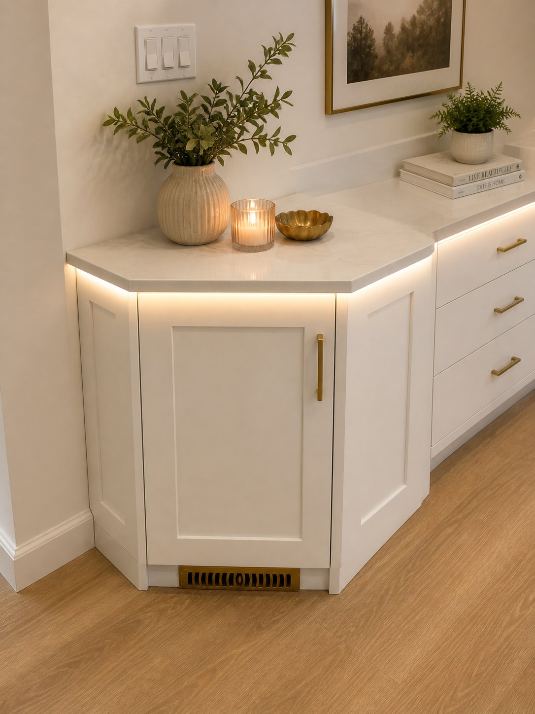 White corner cabinet with LED lighting Edmonton