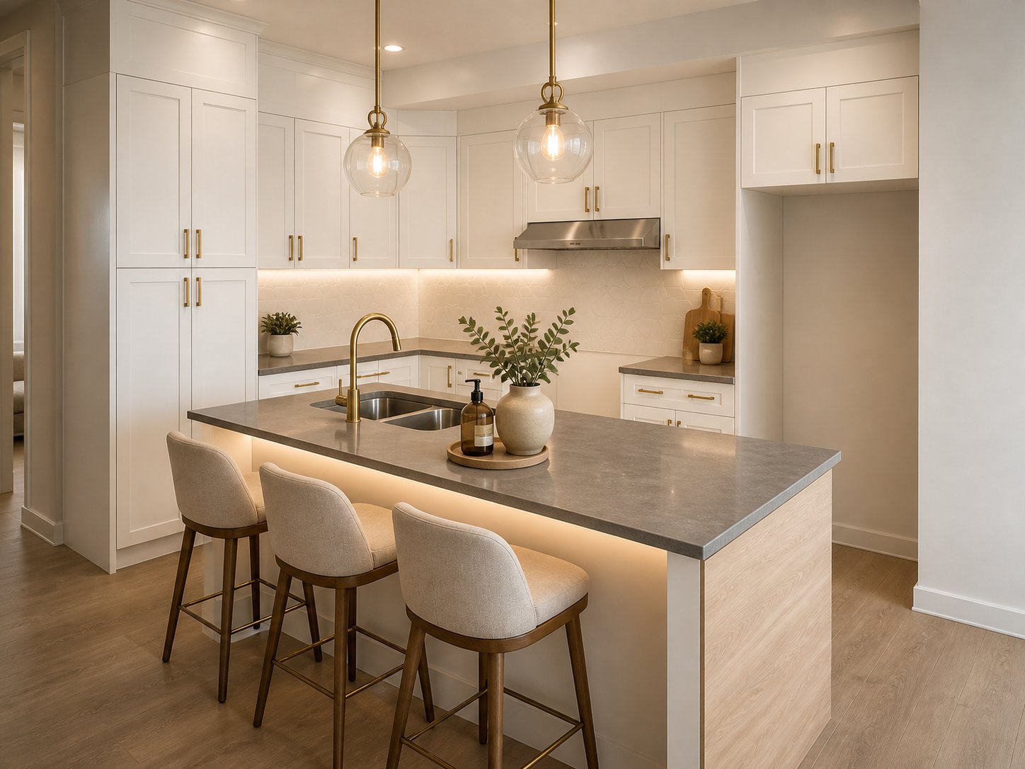 Junaro Cabinets - White Kitchen with Gold Hardware Edmonton